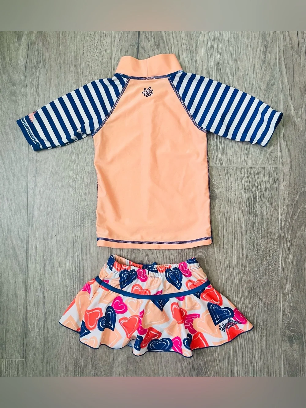UV Skinz Toddler Girl Swimsuit 2 Piece 3T Peach Blue Shirt Skirt Hearts Summer